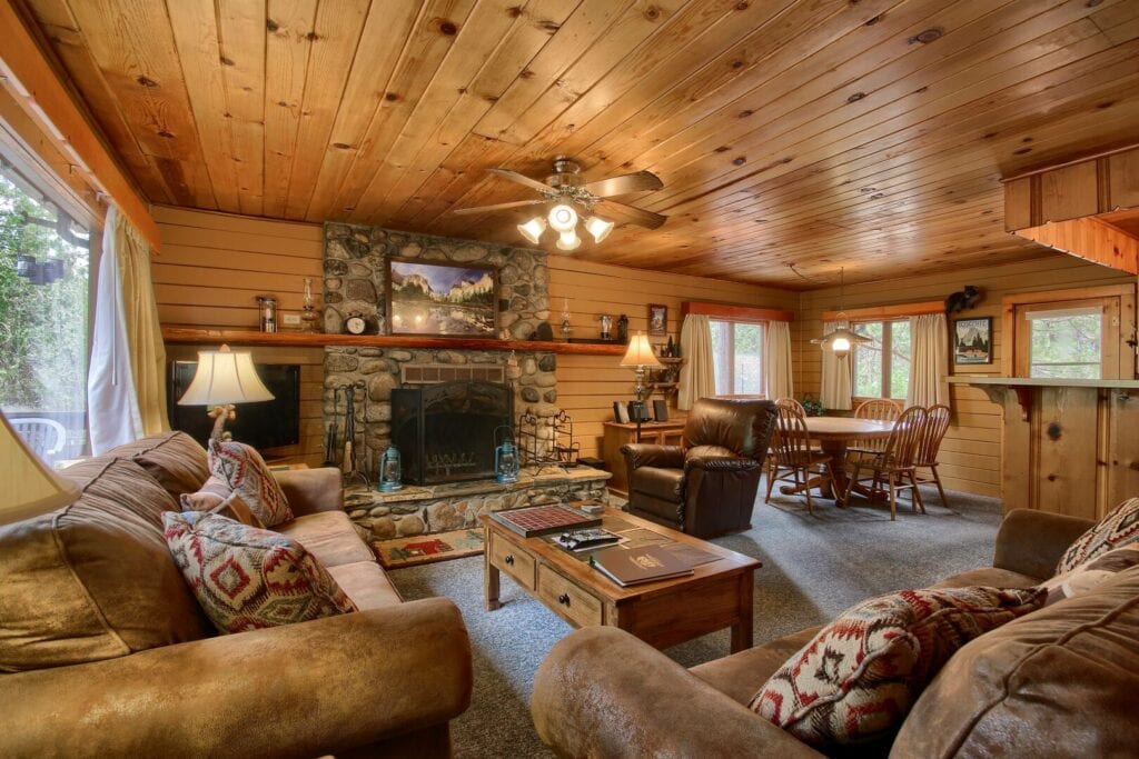 living room with television and stone fireplace