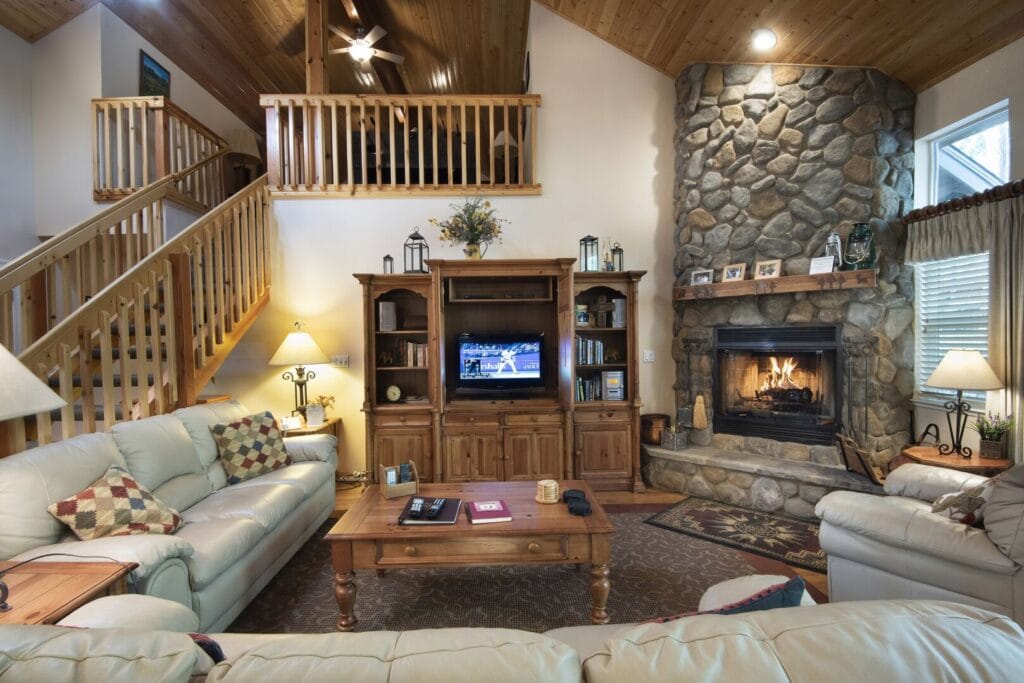living room with television and stone fireplace