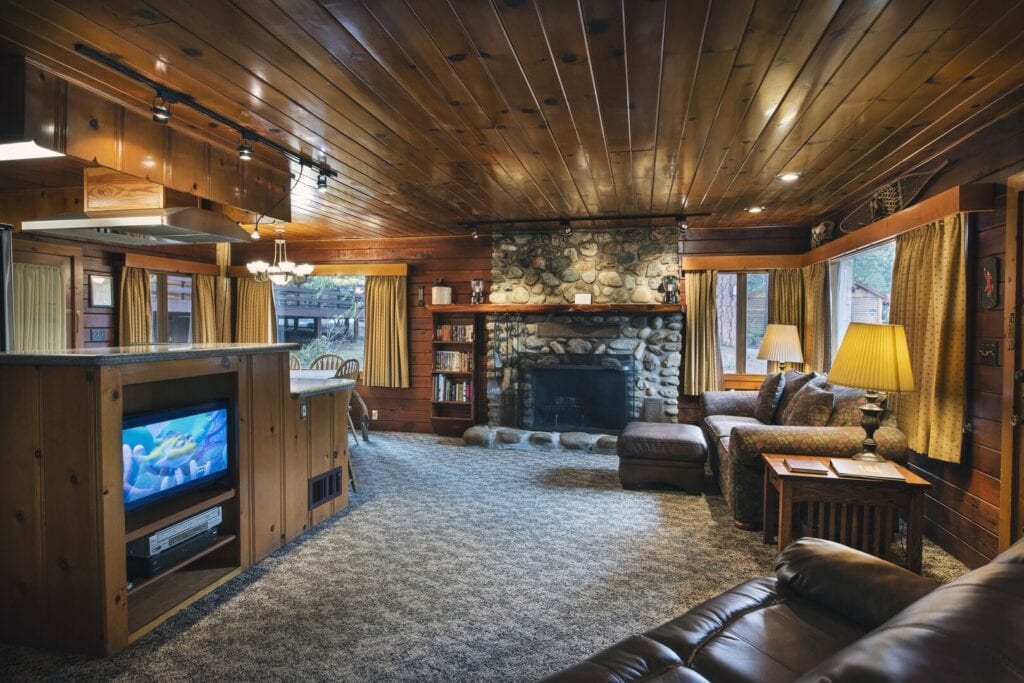 living room with fireplace and television