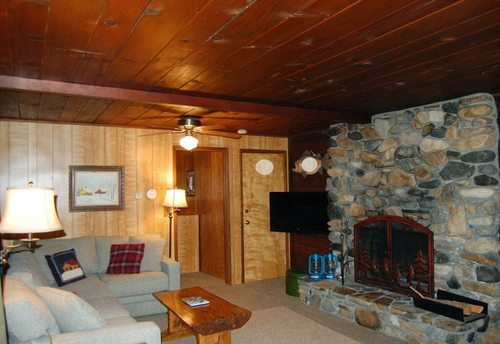 living room with stone fireplace and television