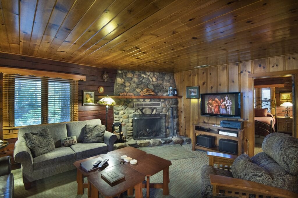 living room with stone fireplace and couches and television