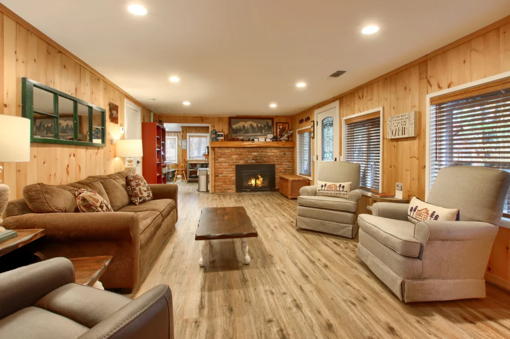 living room with fireplace and couches