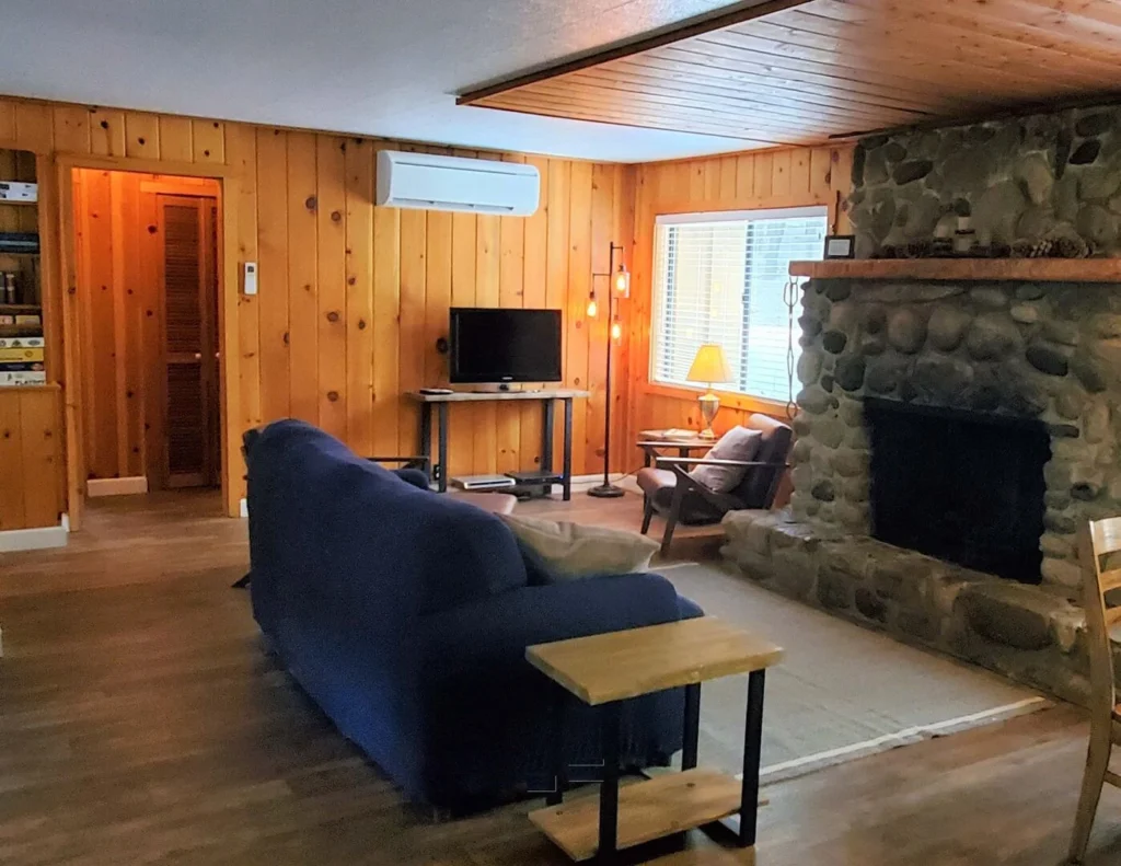 living area with stone fireplace and couches
