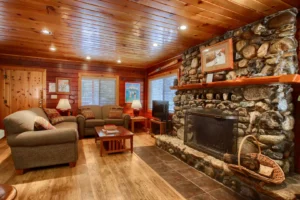 living area with stone fireplace and couches