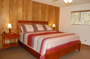 bedroom with queen bed and wood paneled wall