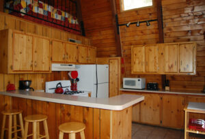 wood clad kitchen with appliances and tall ceilings