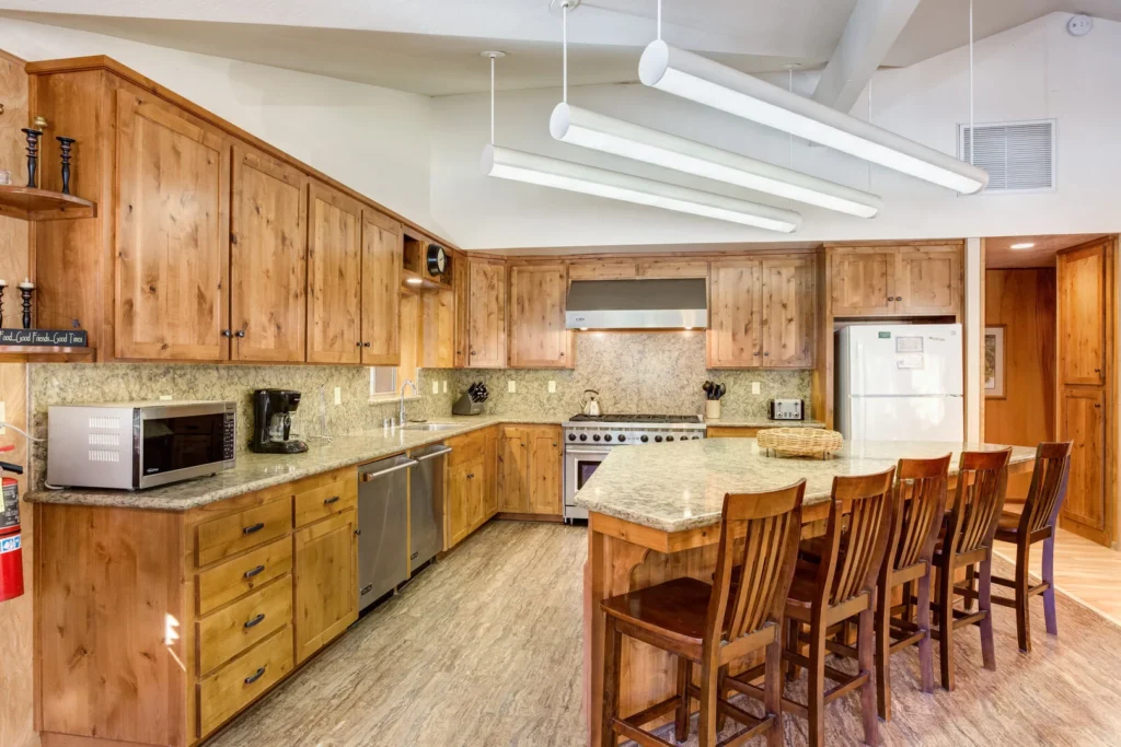 kitchen with large island and wood cabinets