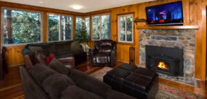 living room with television and fireplace
