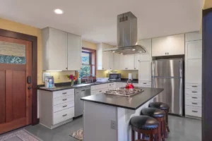 kitchen with white cabinets and island