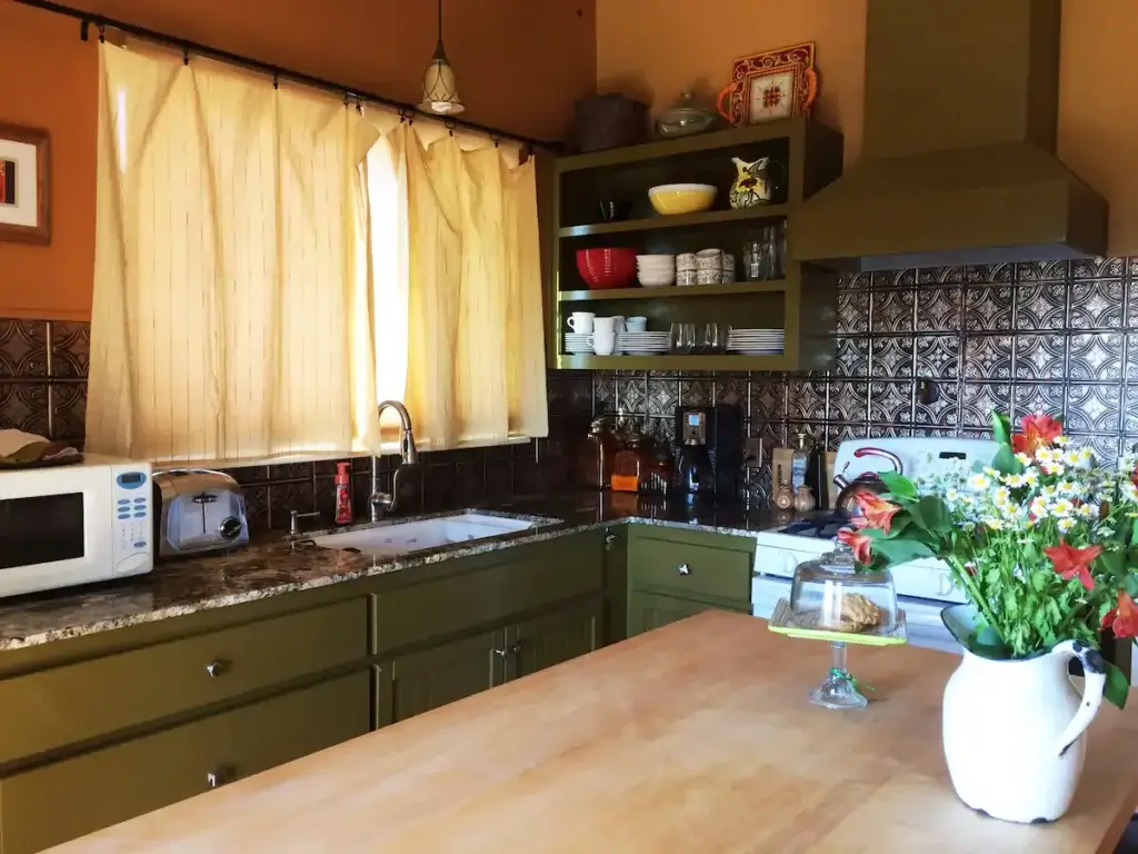 Green kitchen with open shelves