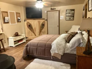 bedroom with queen bed and television