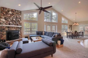 living room with fireplace and couches