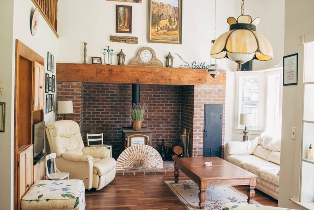 living room with large fireplace