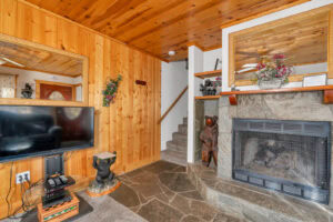 living room with television and fireplace