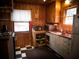 kitchen with checkered floor and wood paneled walls
