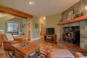 living room with stone fireplace and television