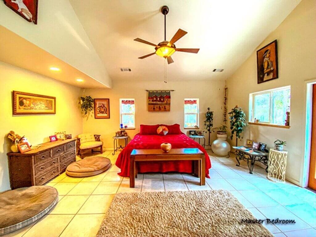 bedroom with tall ceiling