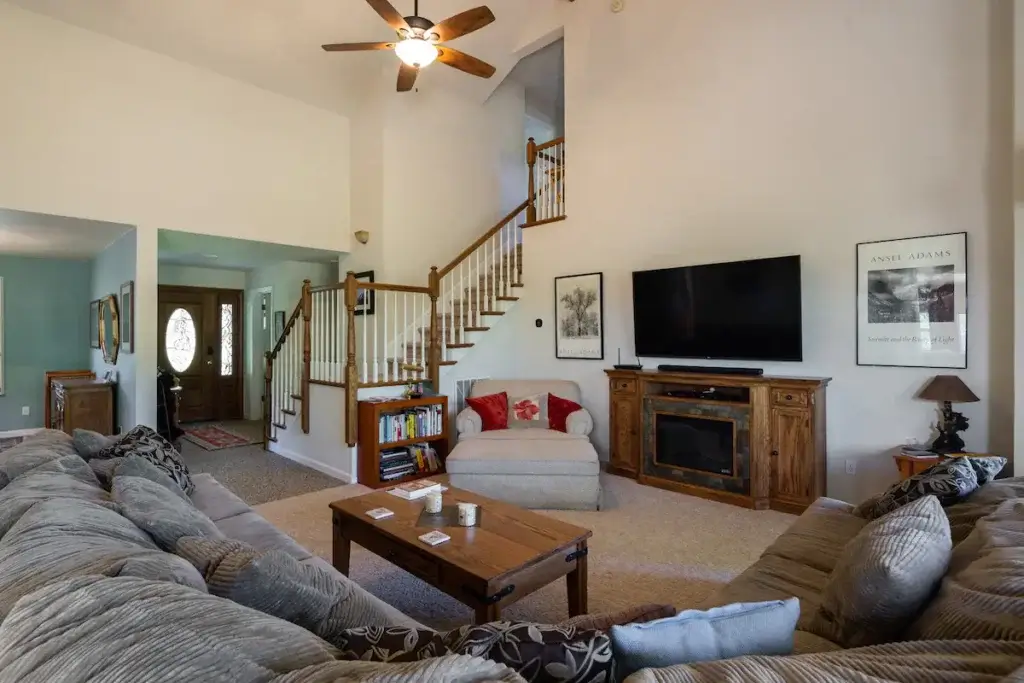 living room with high ceilings