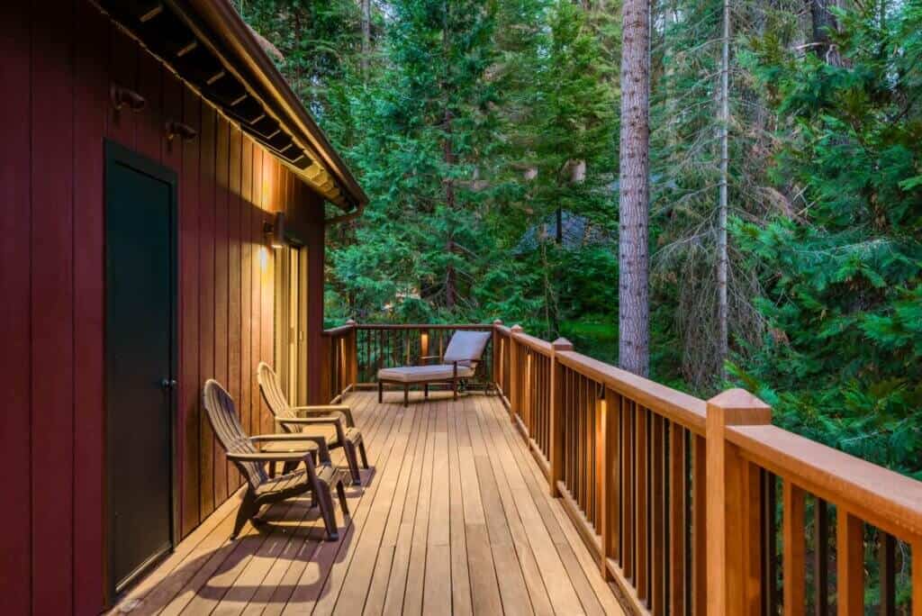 deck at sunset with outdoor seating