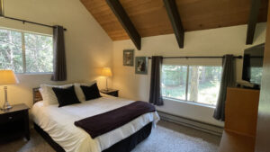 bedroom with beams and pitched ceiling