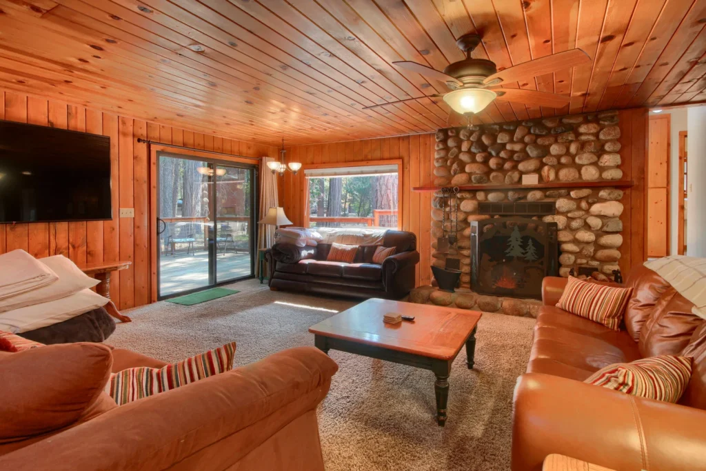 living room with fireplace, television and couches