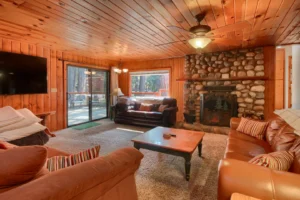 living room with fireplace, television and couches