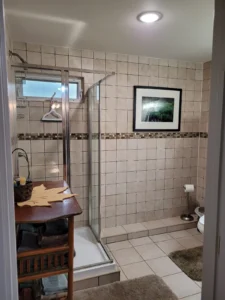 bathroom with tiled wall and walk in shower