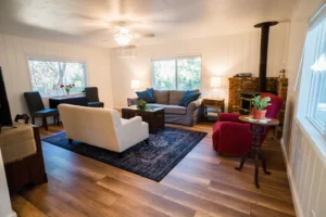 living room with wood stove and couches