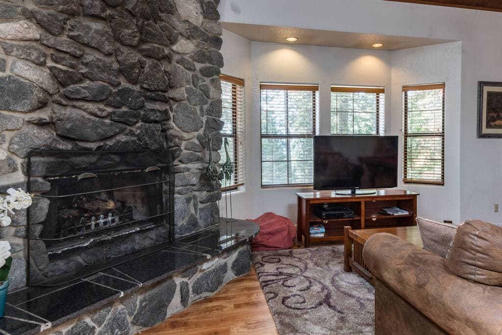 living room fireplace and television