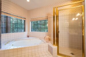 bathroom with spa tub and shower