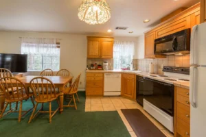 open kitchen with wood cabinets and dining area