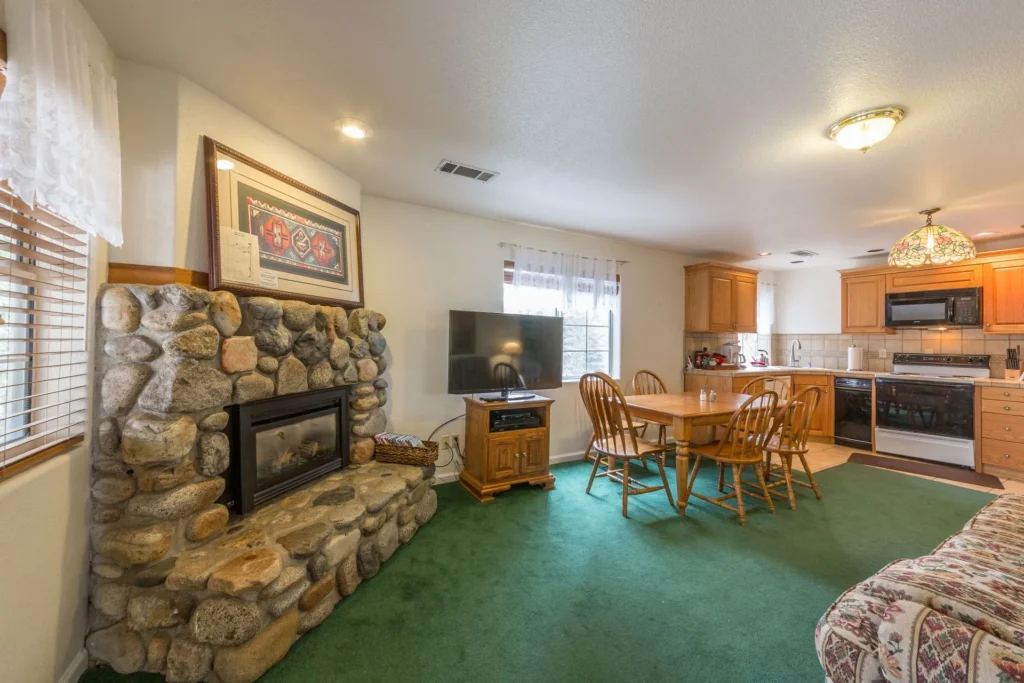 stone fireplace with television and green carpet