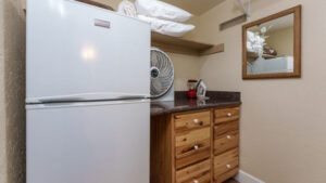 refrigerator area with storage