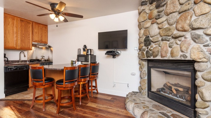 fireplace, television and dining