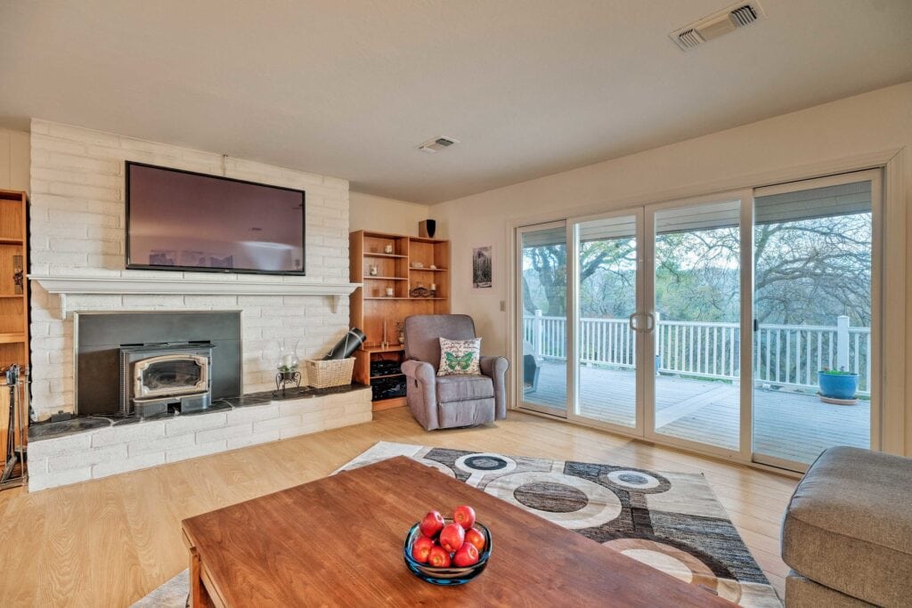 living room fireplace and television