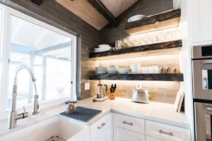 kitchen corner with small appliances and floating shelves