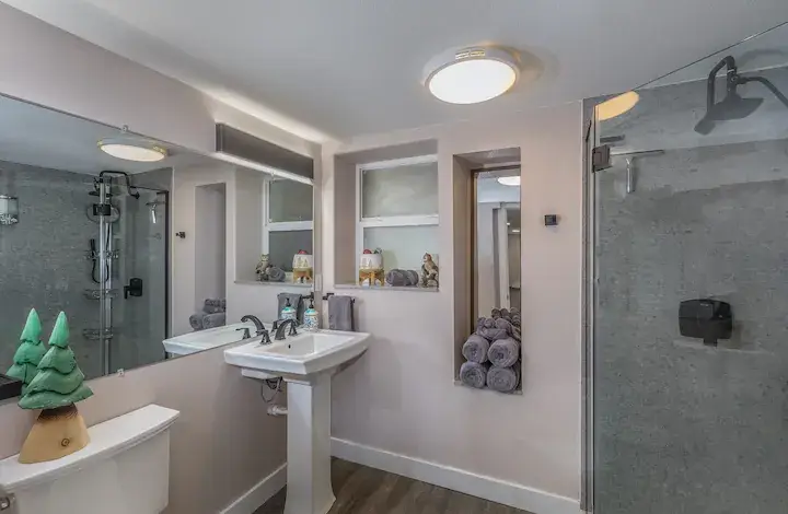 bathroom with shower and pedestal sink