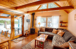 living area with wood stove and seating