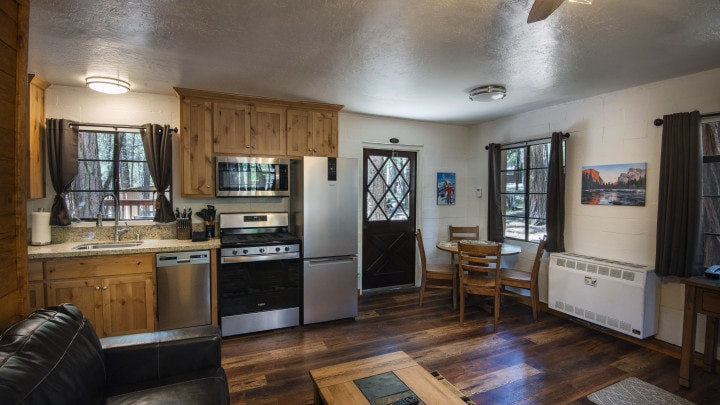 living area into kitchen