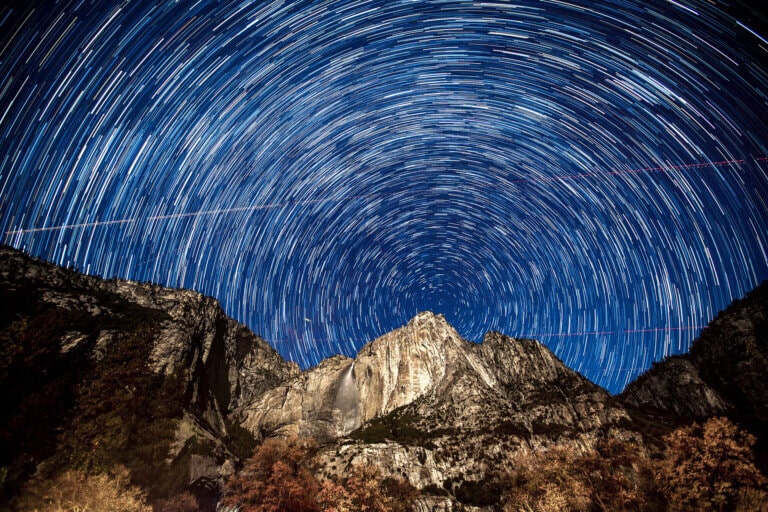 Star trails over Yosemite Falls