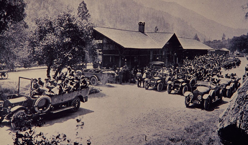 Historic photo of tourists at the Old El Portal Railroad Station