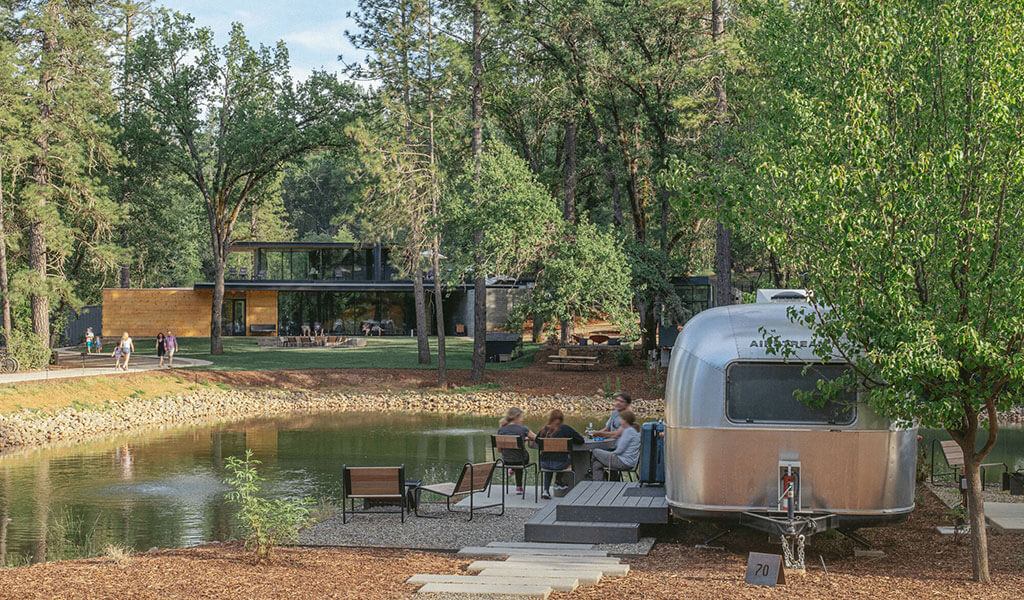 Airstream trailers and Clubhouse at Autocamp