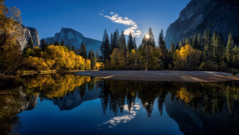 Autumn foliage and Half Dome reflected in the Merced River.
