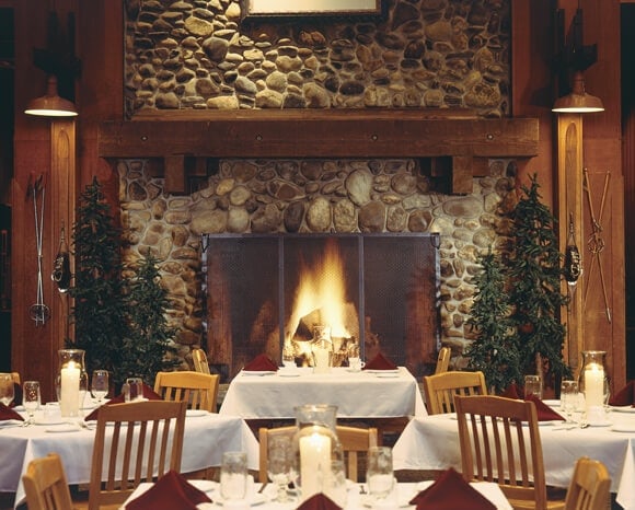 A fire in the fireplace sets the mood for private meetings in Curry Village. Reservations available.