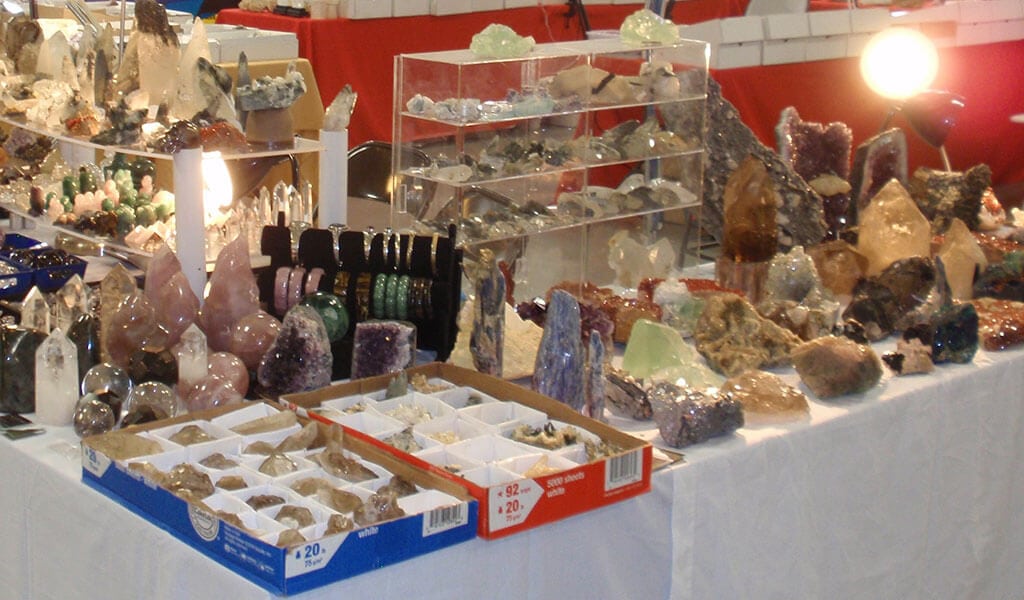 Display of gems and minerals at the Gem and Mineral Show in Mariposa