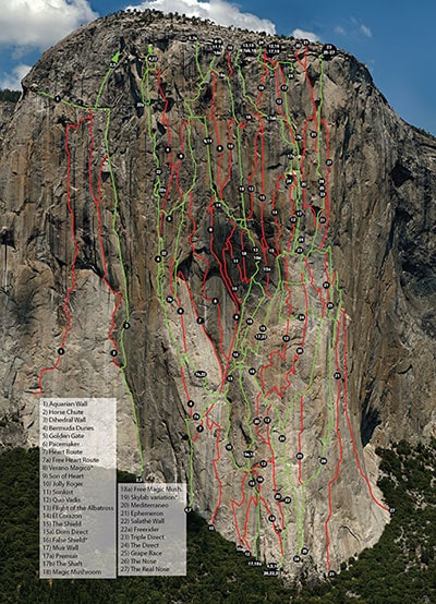 Climbing routes on the right side of El Capitan's southwest face.