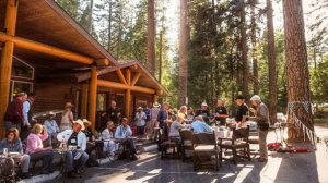 Event held at the Redwoods In Yosemite Wedding and Event Center spills outside into the parking area