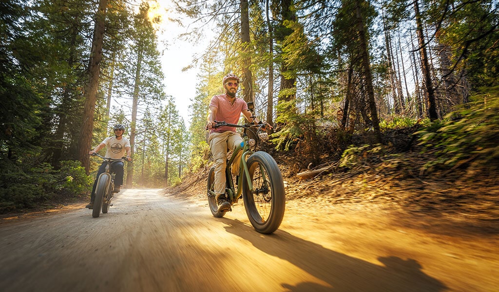 Mountain bikers riding the Fish Camp fire roads.