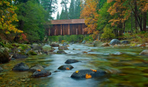 the historic covered bridge in Wawona's Yosemite History Center