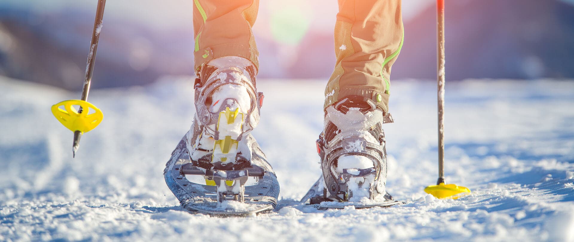 A person's legs and poles snowshoeing Yosemite National Park.